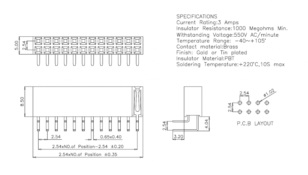 254mm Right Angle Female Header Connectors Smolex 